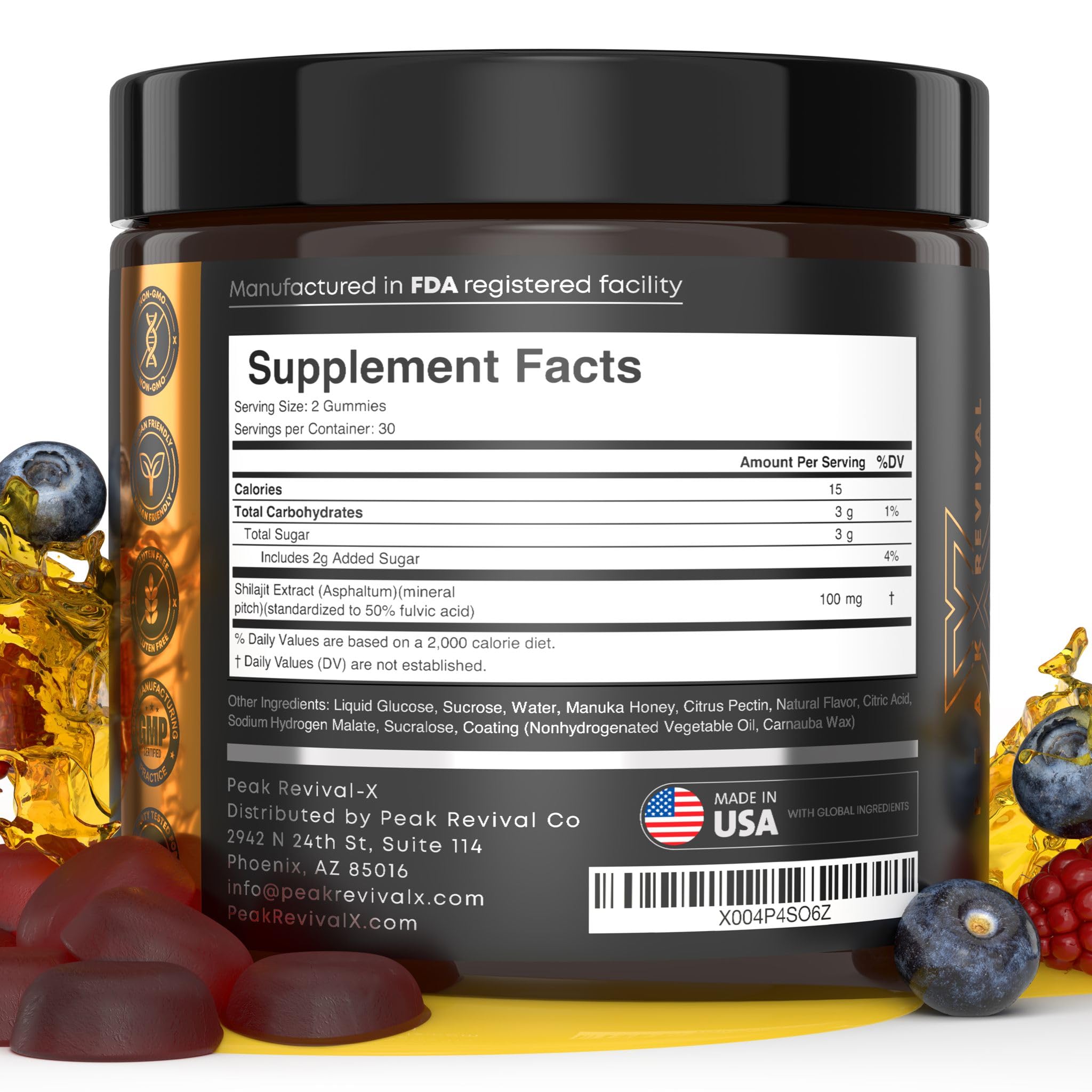 Manuka honey drizzle beside Peak Revival-X gummies highlighting natural ingredients