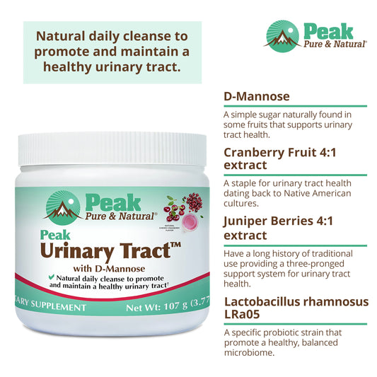 Peak Urinary Tract Powder showing probiotic LRa05 for microbiome balance