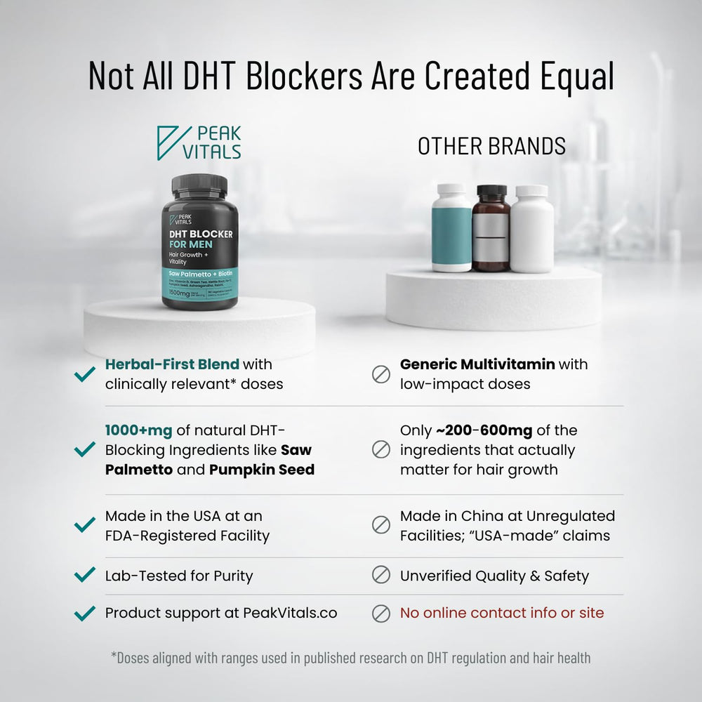Peak Vitals DHT Blocker ingredients scene highlights saw palmetto and pumpkin seed