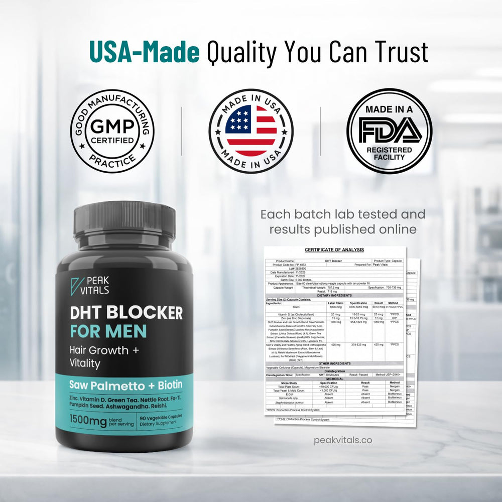 Peak Vitals DHT Blocker tablet held in hand on clean surface