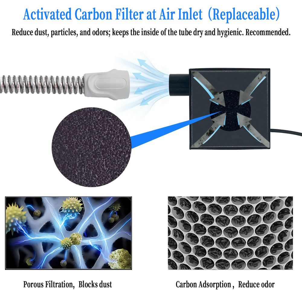 Closeup of PeakBlen air filtration capturing dust for CPAP hose.