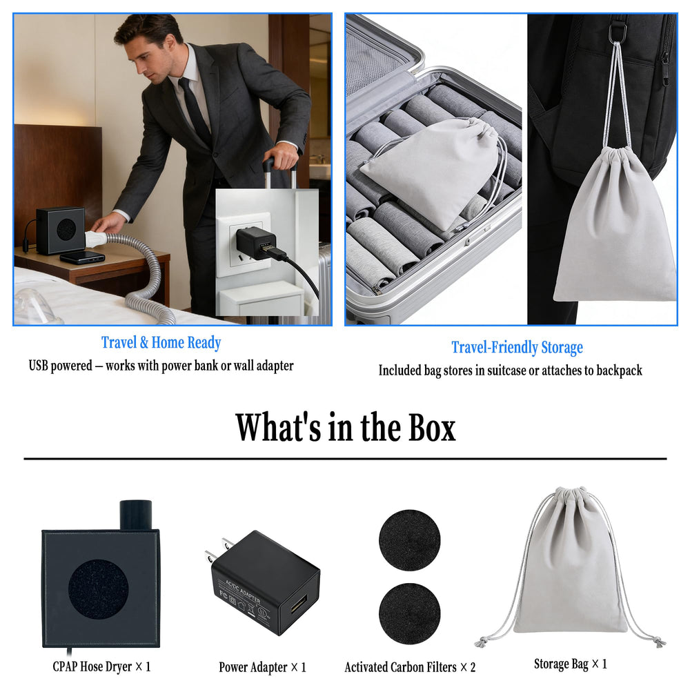 Package contents include PeakBlen CPAP hose dryer with filters.