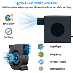 USB power connection supports flexible use with PeakBlen hose dryer.