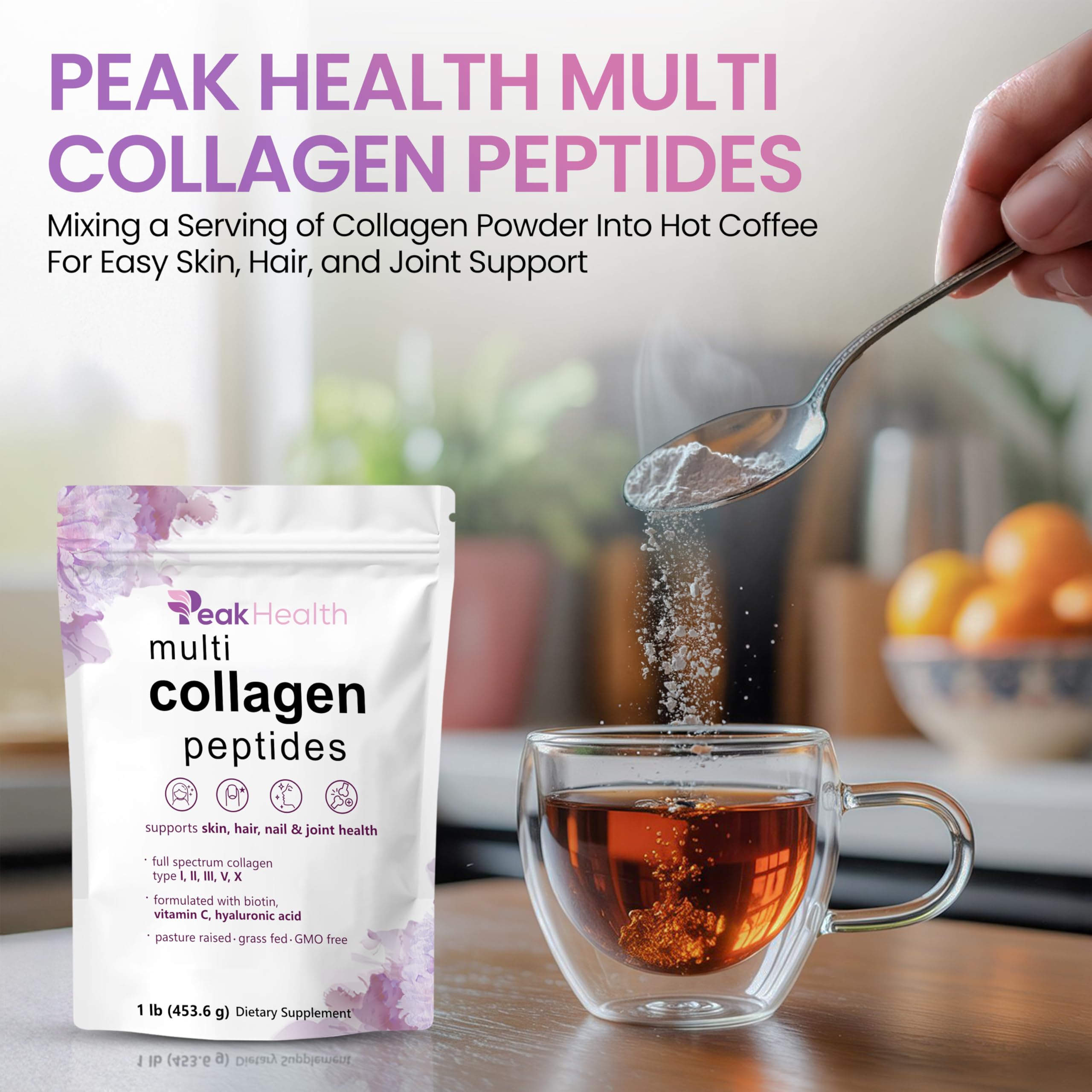 Coffee cup with Peakhealth collagen powder blended for a smooth boost