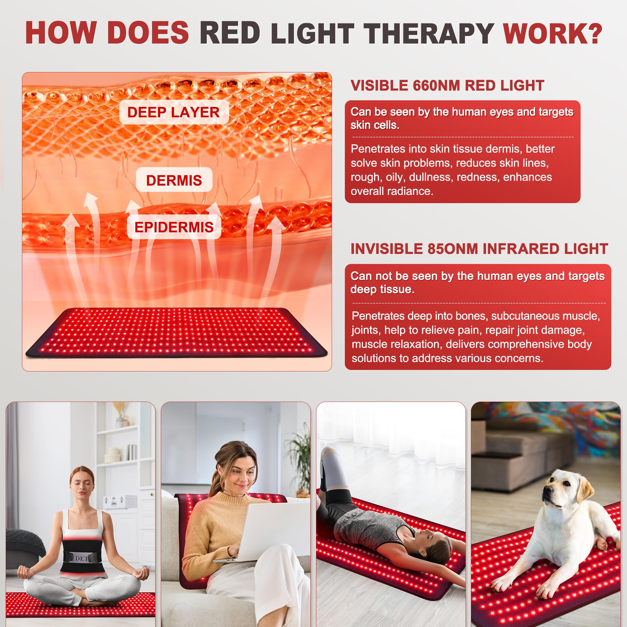 Pedete Red Light Therapy Mat wrapped around legs and knees for soothing warmth.