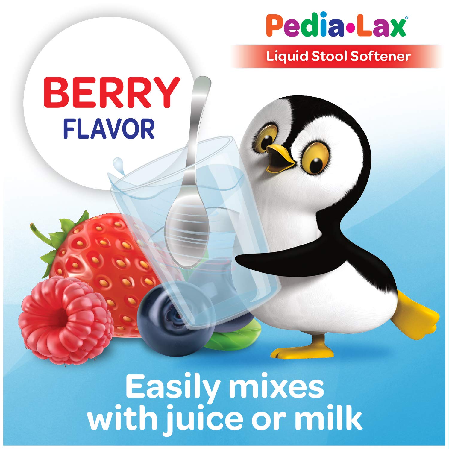 Pedia-Lax berry flavored liquid bottle label highlighting kid-friendly flavor