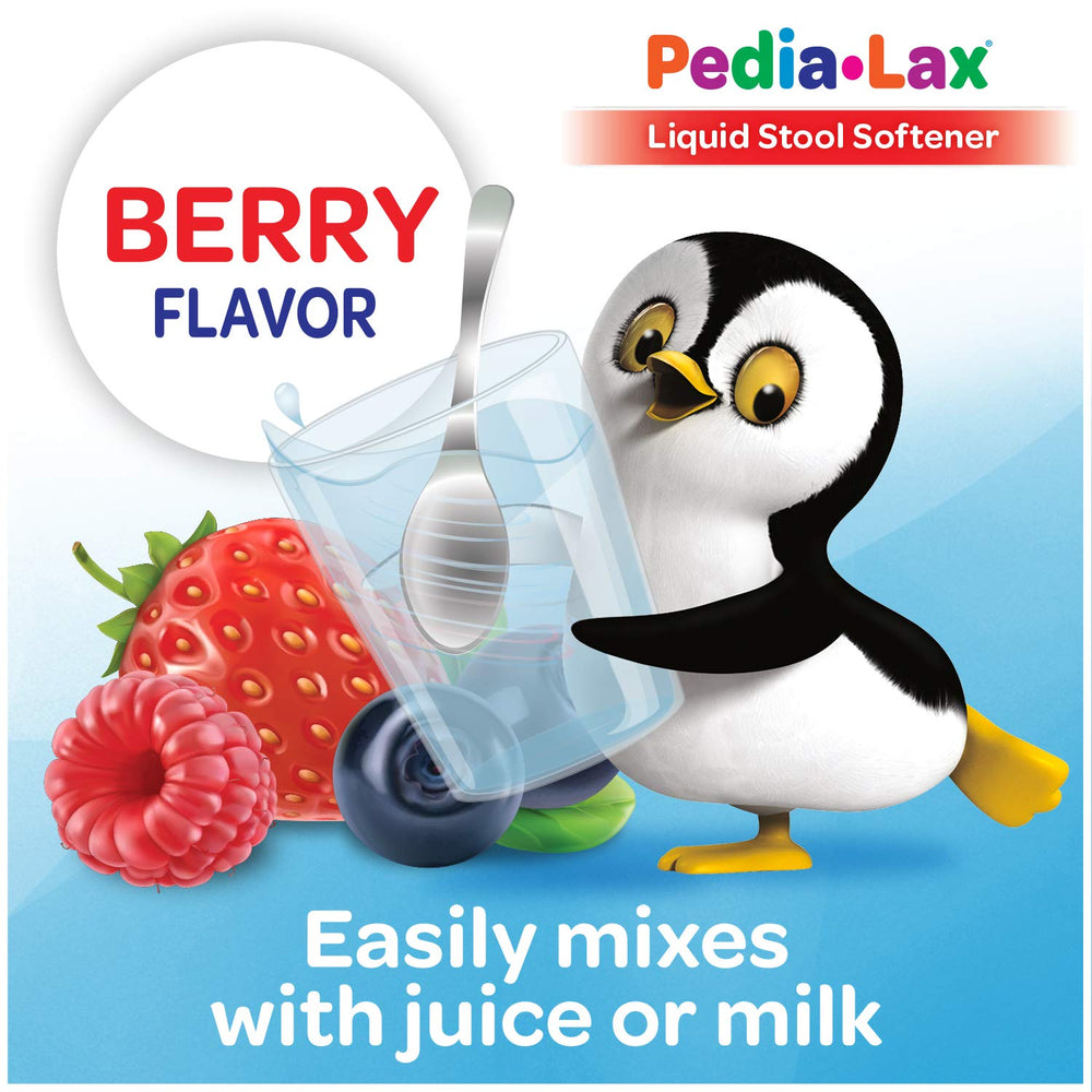Pedia-Lax berry flavored liquid bottle label highlighting kid-friendly flavor