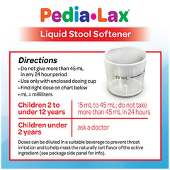 Pedia-Lax bottle with measuring cup on table supporting gentle, gradual relief