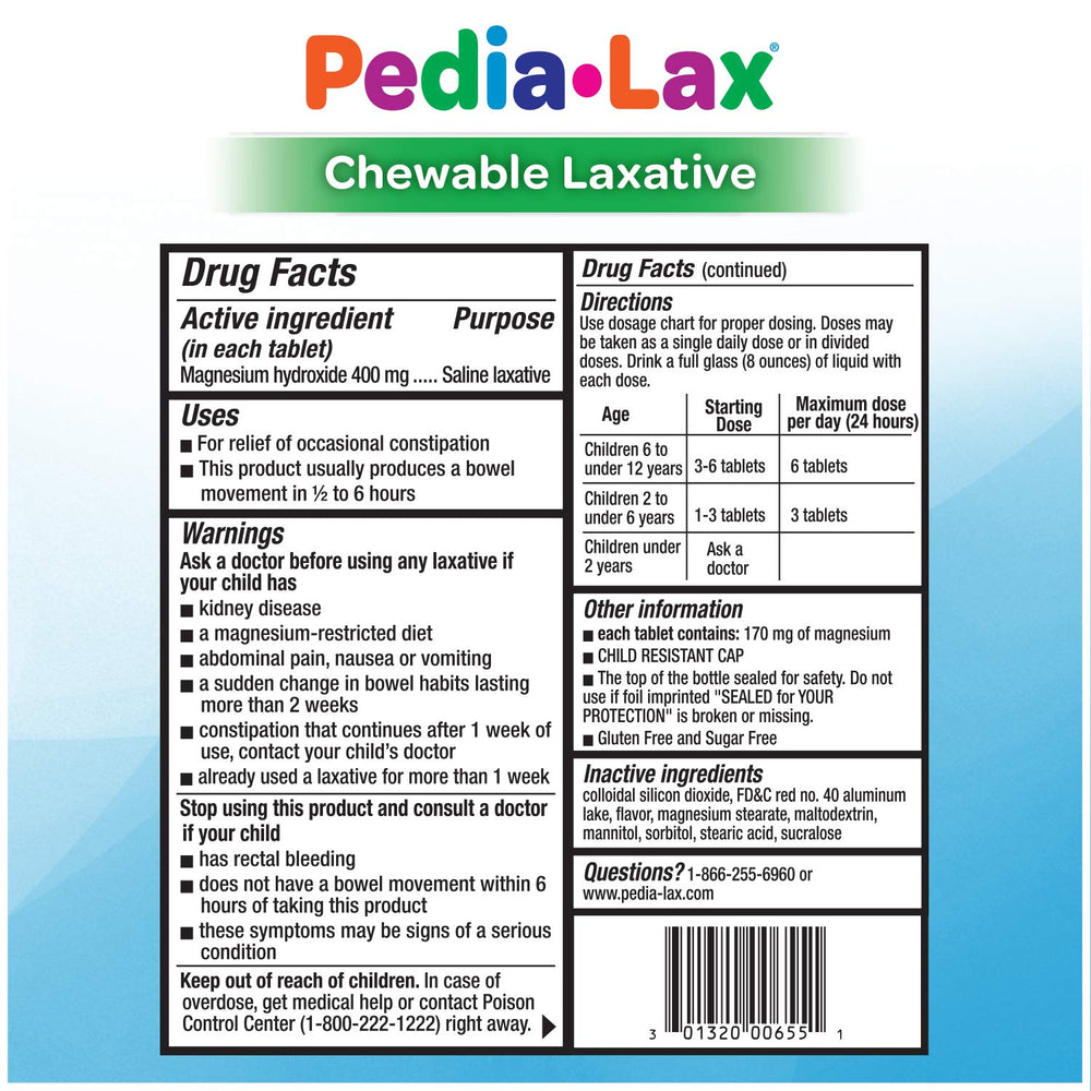 Pedia-Lax packaging with dosage instructions symbol highlighting safety.