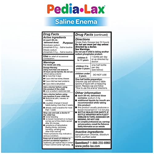 Pedia-Lax saline enema with child-dose for ages 2–11.