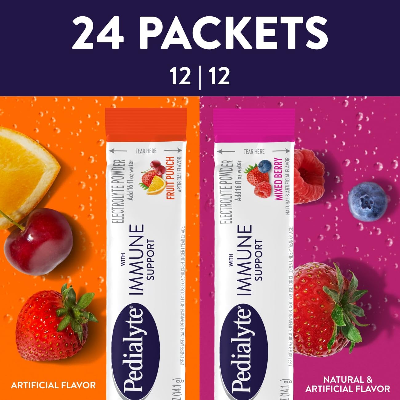 Pedialyte Immune Support Mixed Berry packets for quick, tasty hydration.