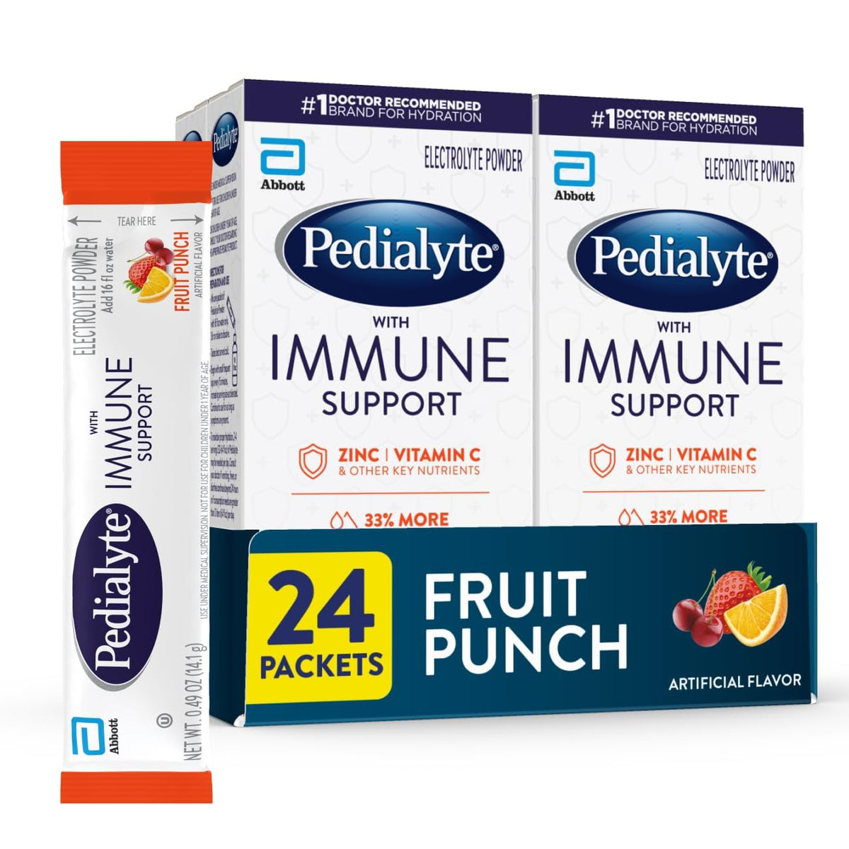 Pedialyte Immune Support powder in Fruit Punch ready to mix for quick hydration.