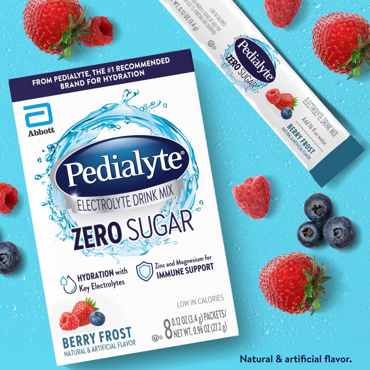 Pedialyte Passion Fruit powder pack ready to mix for flavorful hydration.
