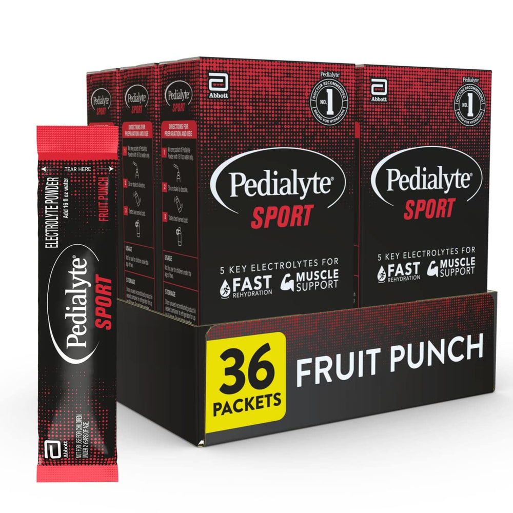Pedialyte Sport Fruit Punch powder packet for fast on-the-go hydration.