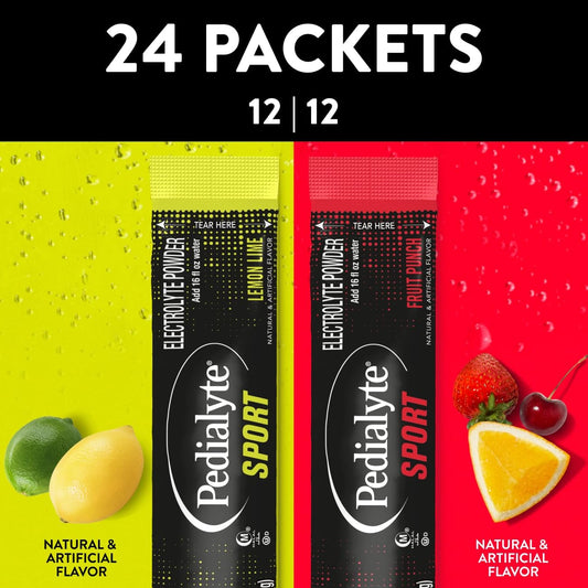 Pedialyte Sport fruit-punch powder packet ready for quick hydration.