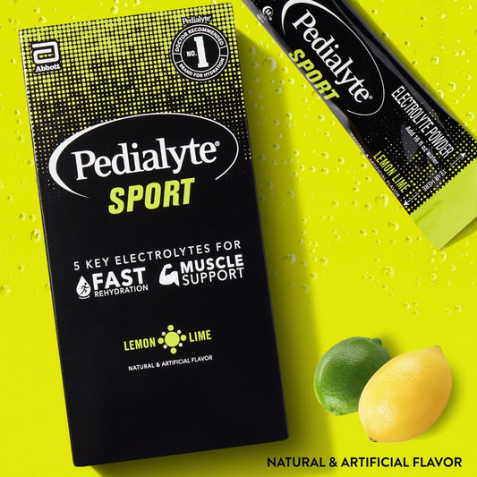 Glass of prepared Pedialyte Sport Lemon Lime after a workout for refreshing hydration.