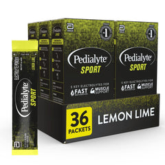 Pedialyte Sport Lemon Lime powder packet closeup for quick hydration after workouts.