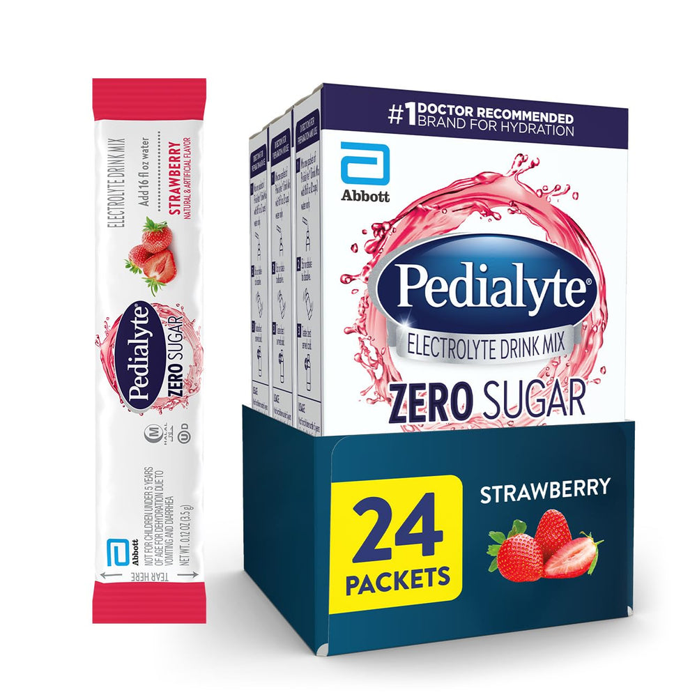 Pedialyte strawberry electrolyte drink mix packet promotes zero sugar hydration for daily energy