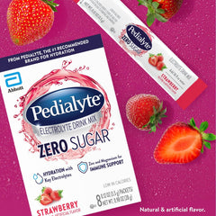 Pedialyte strawberry powder packet showing key electrolytes for refreshed post-workout hydration