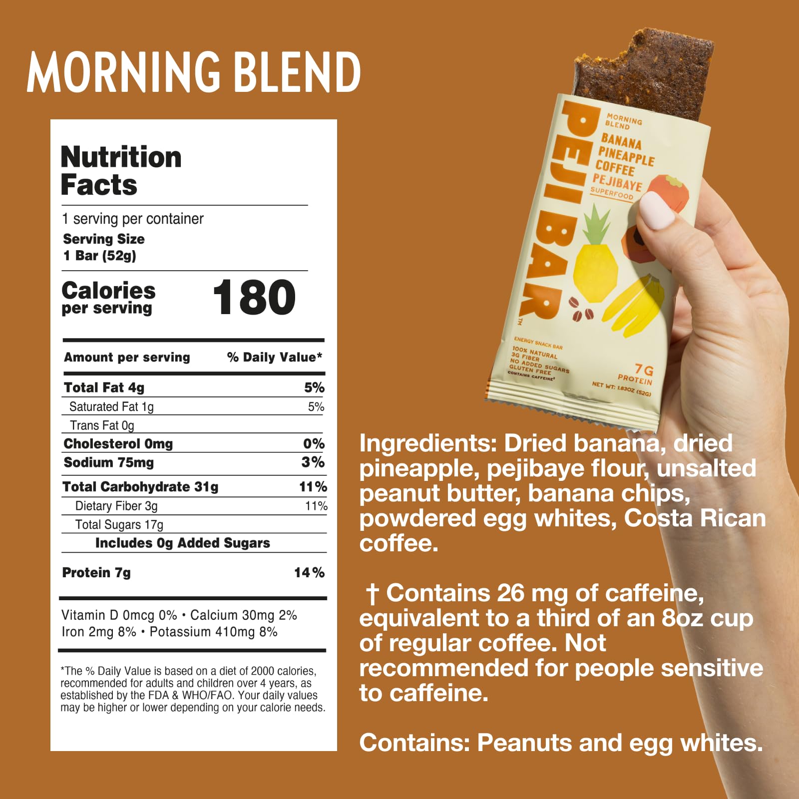 PEJI BAR Morning Blend ingredients highlight fruit and pejibaye fiber.