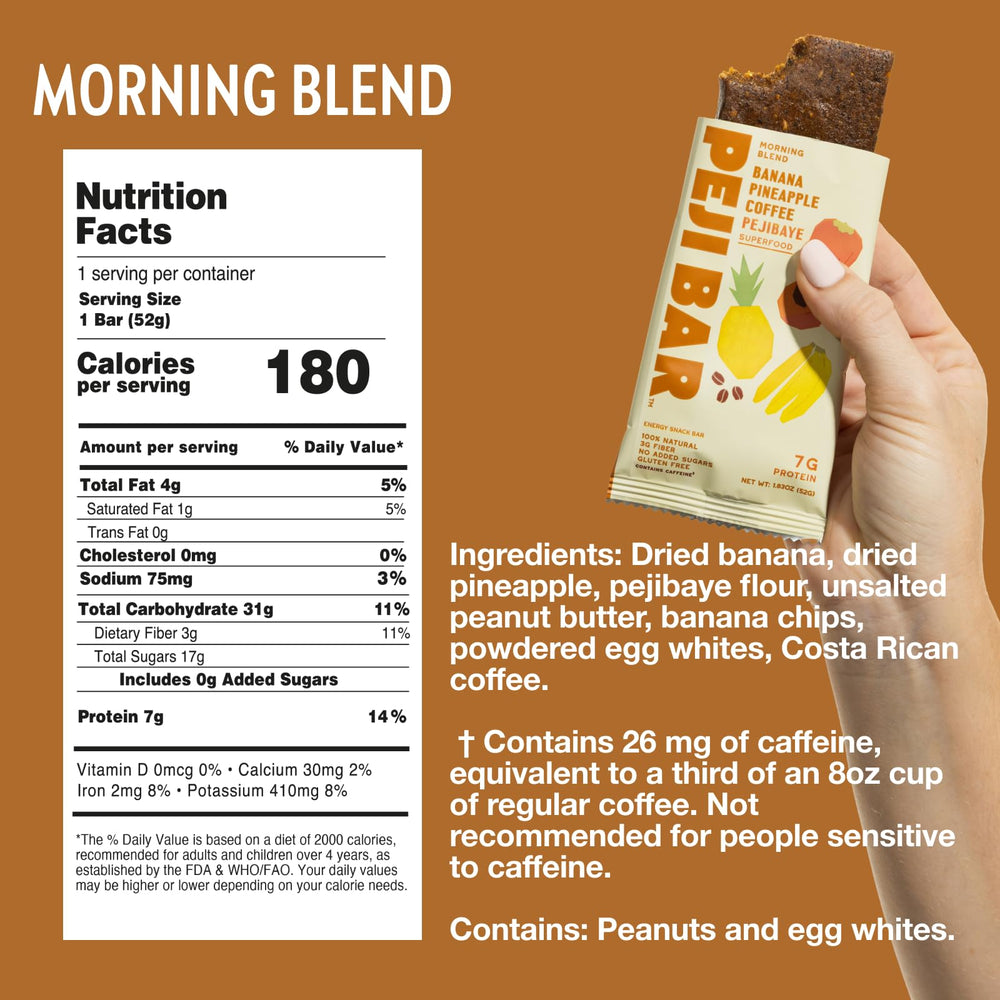 PEJI BAR Morning Blend ingredients highlight fruit and pejibaye fiber.