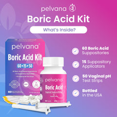 Pelvana boric acid suppositories box and suppositories for at-home care.