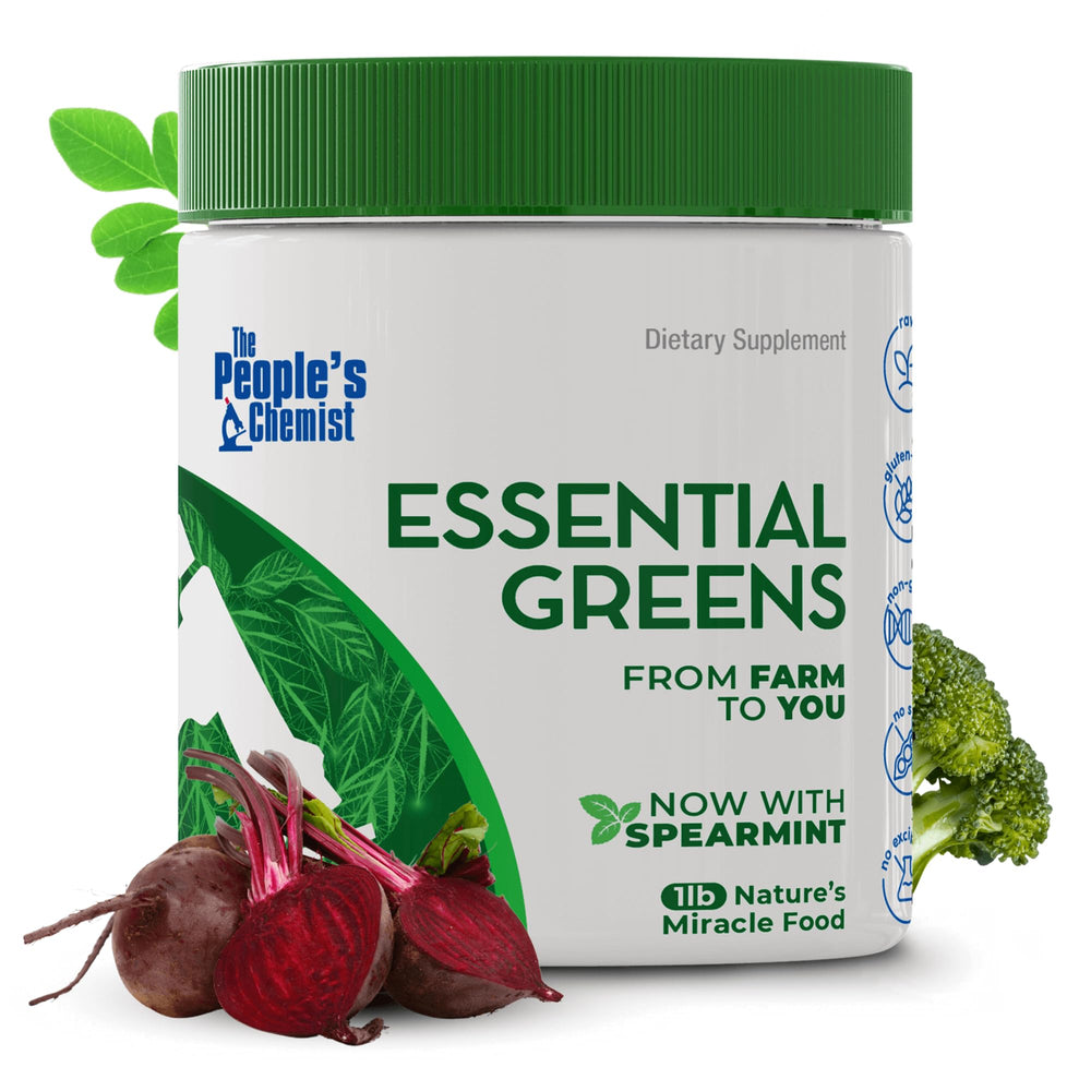 People's Chemist Essential Greens Powder bottle with label showcasing organic ingredients for daily vitality.