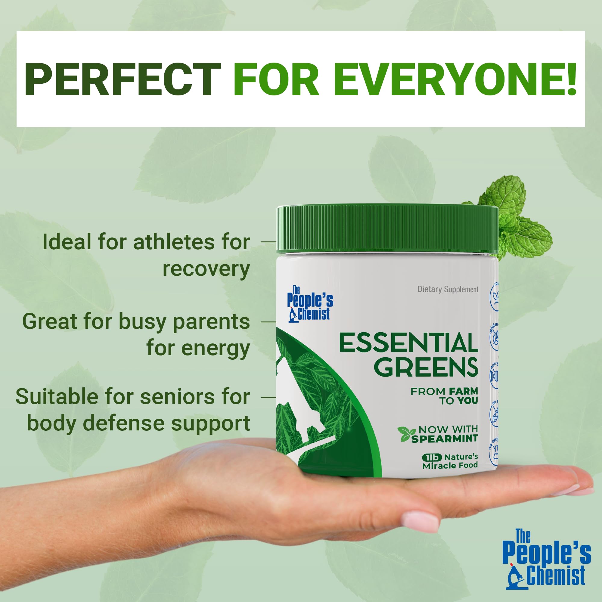 Illustration of organic moringa, spirulina, and beetroot ingredients in the greens powder.