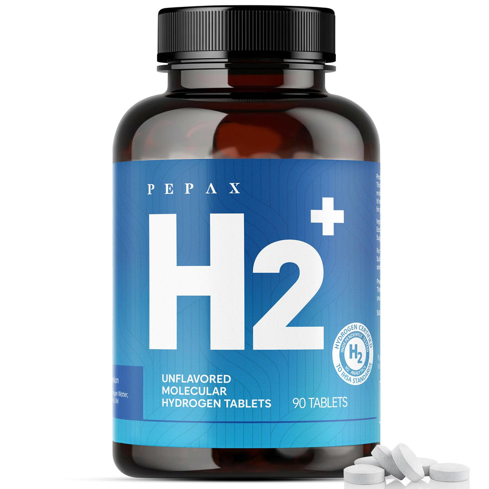 PEPAX hydrogen tablets bottle closeup promoting easy hydration with magnesium blend.