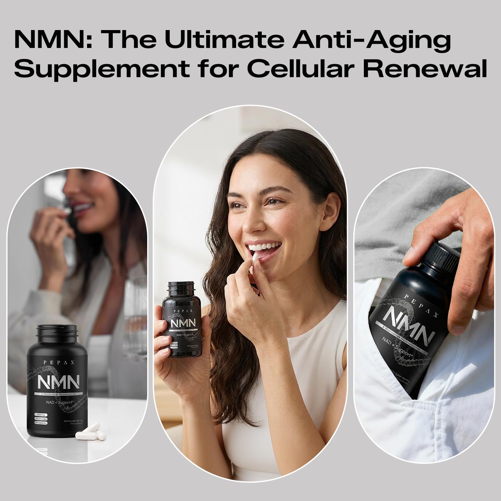 PEPAX NMN pure capsules closeup underscore flavorless daily intake