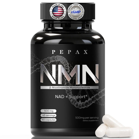 PEPAX NMN bottle front with capsules supports daily energy and healthy aging.