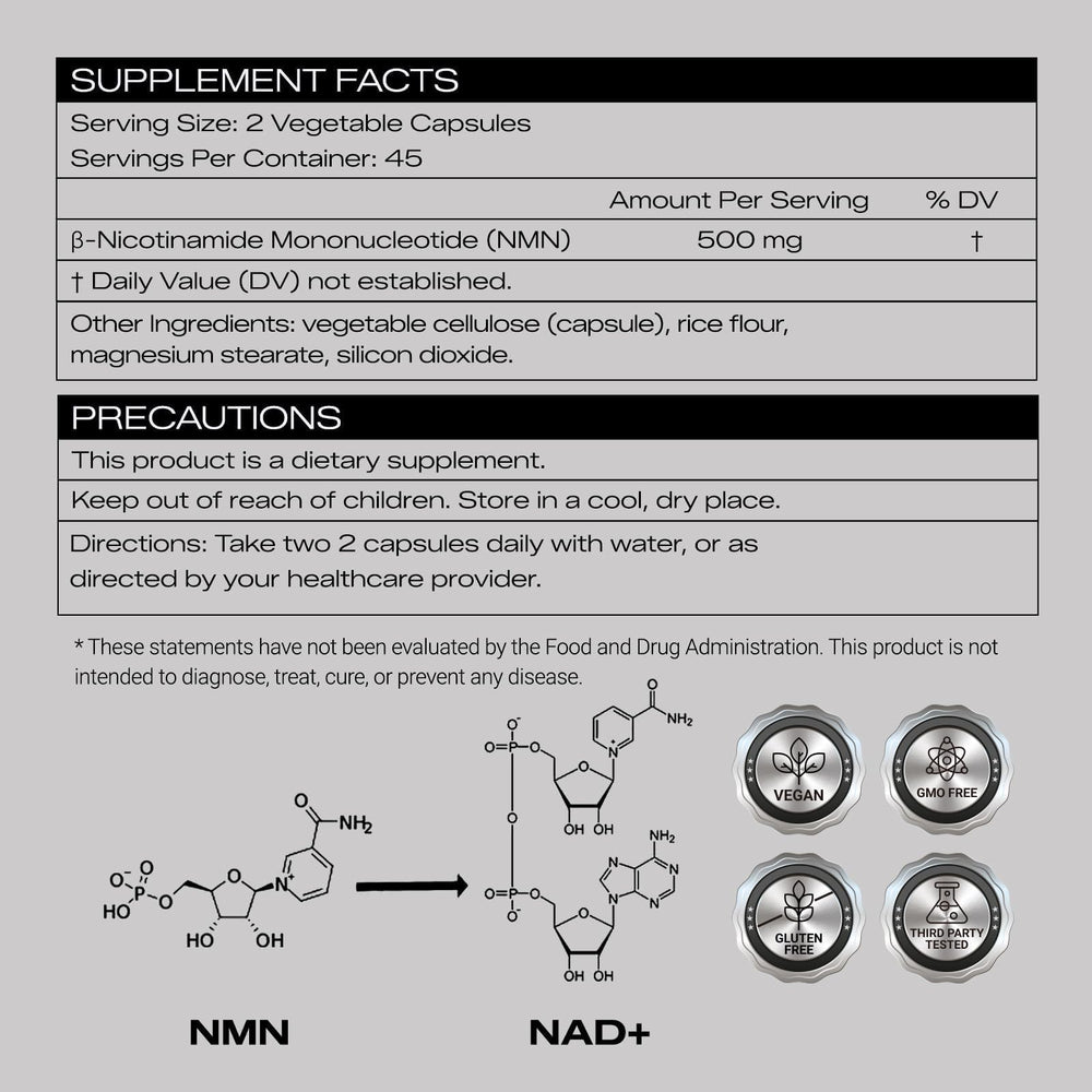 PEPAX NMN bottle with dosage label on the back shows a long-lasting 45-day supply.