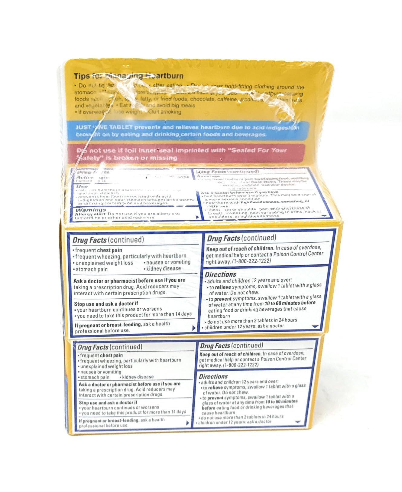 Pepcid AC tablet close-up emphasizing quick prevention when taken before eating.