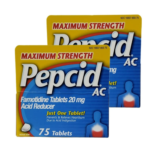 Pepcid AC double-pack boxes on a countertop for on-the-go heartburn relief.