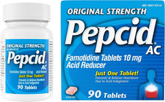 Pepcid AC logo visible on packaging confirming trusted brand identity.