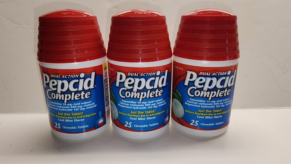 Pepcid Complete cool mint tablets bottle may help ease heartburn from indigestion