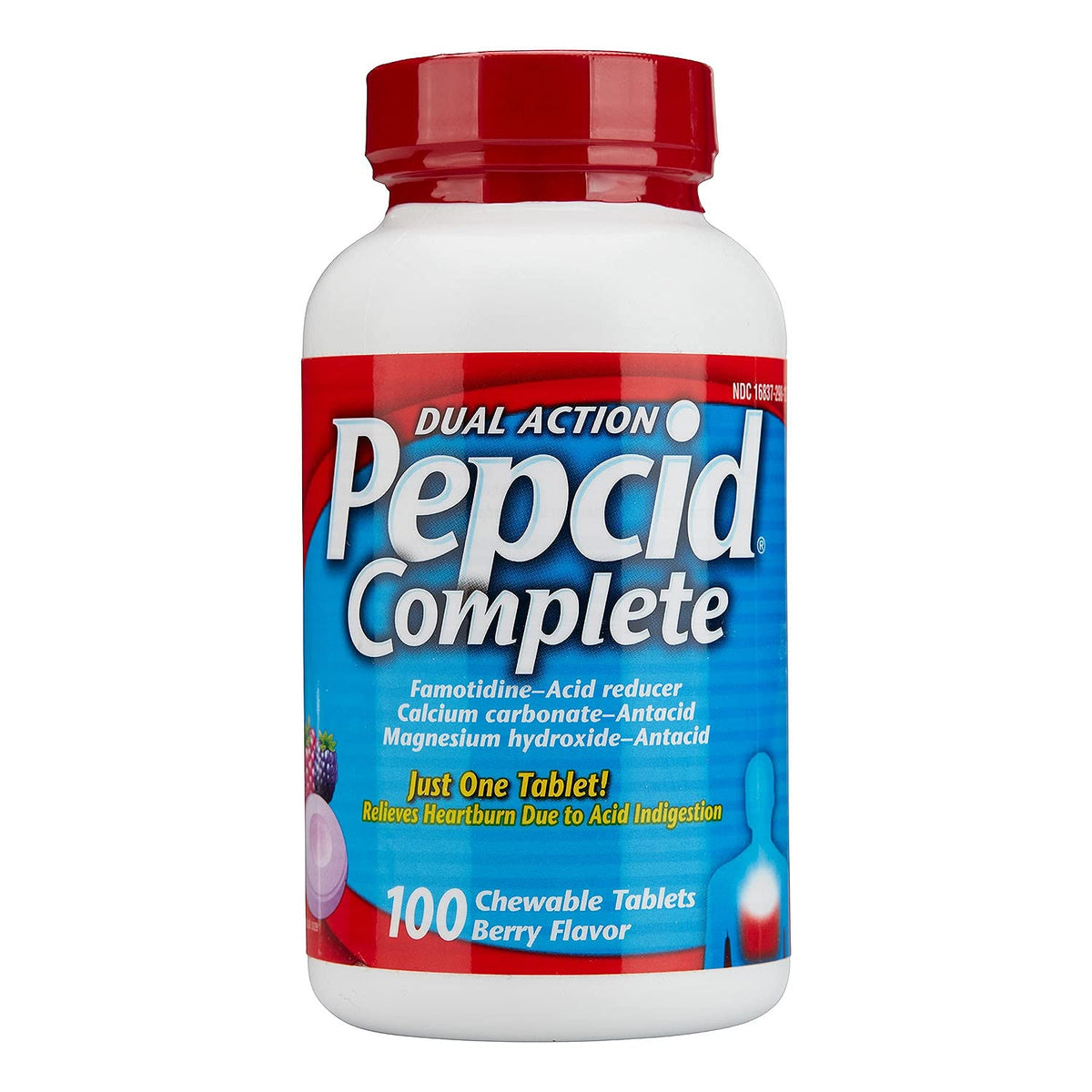 Pepcid Complete Berry chewables close-up viewed for fast relief