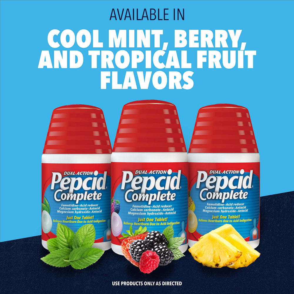 Pepcid Complete bottle pictured for night-time use and comfort.