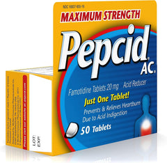 Pepcid CSC24 label detail emphasizing famotidine 20 mg dosage and safety