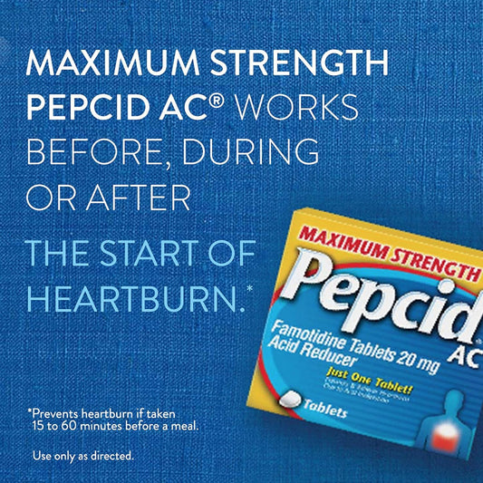Pepcid CSC24 tablets close-up showing compact 100-tablet supply for travel
