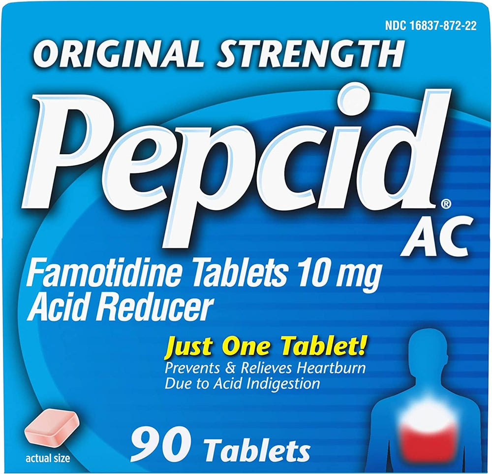Pepcid Original Strength packaging shows quick relief for heartburn symptoms.