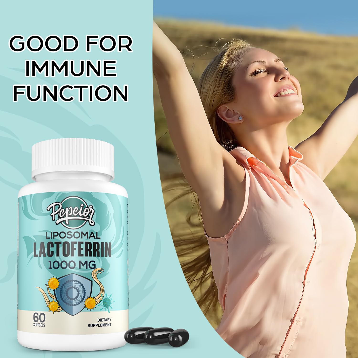 Pepeior Liposomal Lactoferrin softgels back label with dosage and ingredients