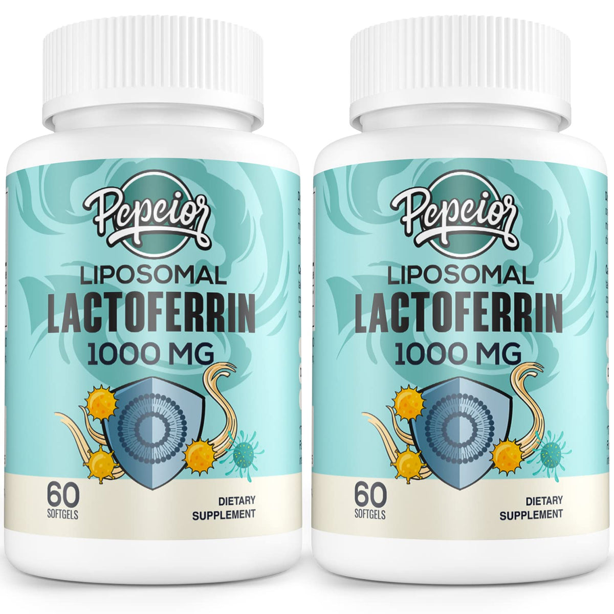Pepeior Liposomal Lactoferrin softgels displayed on a bottle front showing branding and product form