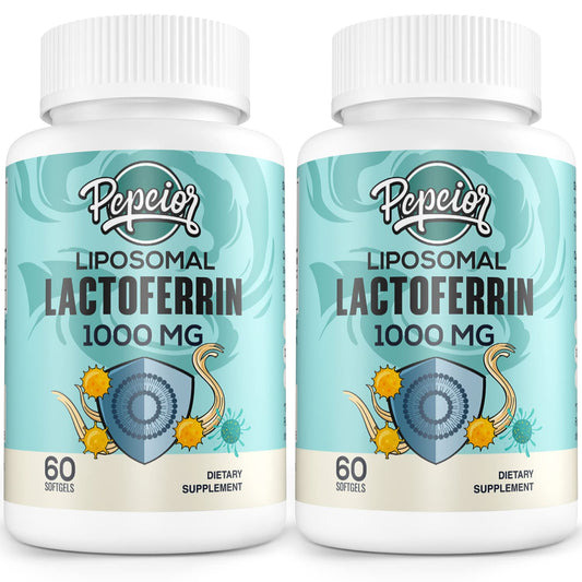 Pepeior Liposomal Lactoferrin softgels displayed on a bottle front showing branding and product form