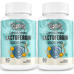 Pepeior Liposomal Lactoferrin softgels displayed on a bottle front showing branding and product form