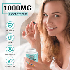 Close-up of Pepeior liposomal lactoferrin ingredients list and 1000 mg per softgel