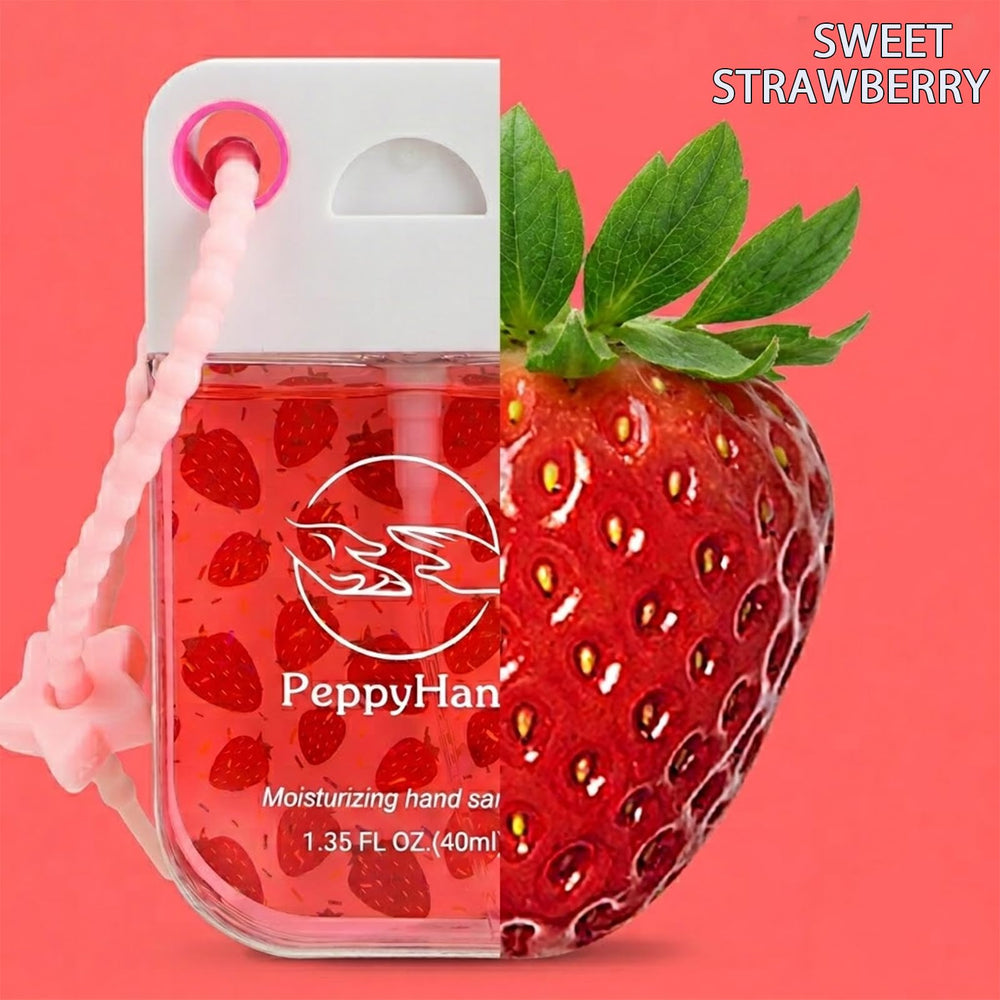 PeppyHands strawberry scent sanitizer spray, fruity aroma for pleasant daily protection