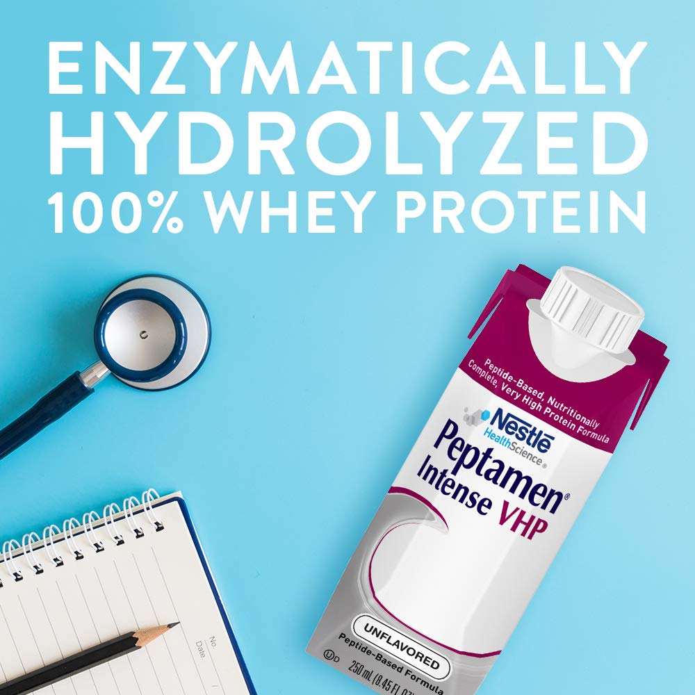Pouring Peptamen Intense VHP unflavored into a glass for a ready-to-use feed
