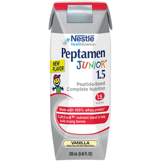 Peptamen Junior 1.5 Vanilla pack shot highlights peptide-based nutrition for gentle digestion.