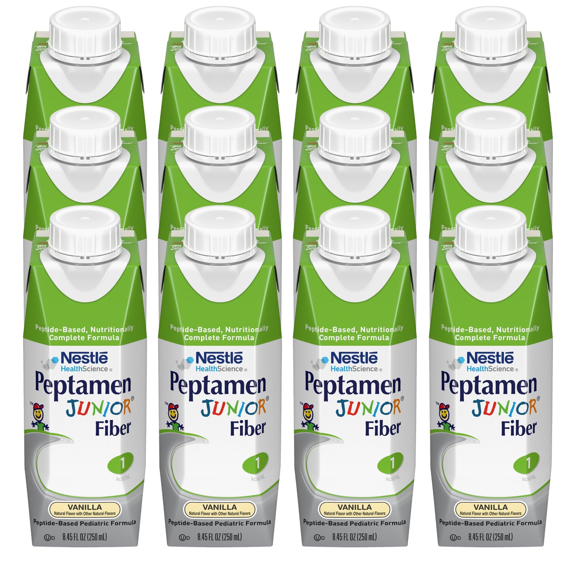 Peptamen Junior Fiber Vanilla bottle shown as pediatric nutrition option